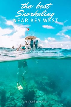 a woman swimming in the ocean next to a boat with text that reads, stockling near key west