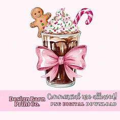 a drawing of a hot chocolate drink with whipped cream, candy canes and a gingerbread