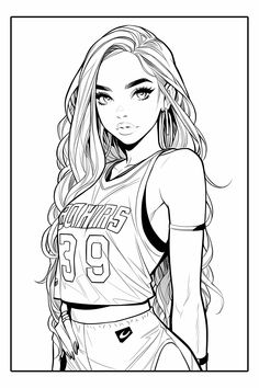 a girl with long hair in a football uniform coloring pages for adults and children,