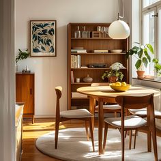 a dining room table with two chairs and a book shelf