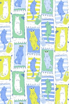 a pattern with cats and dogs on them in shades of blue, green, yellow and white