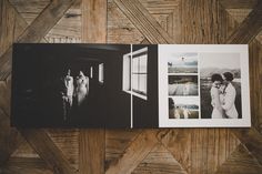 an open photo book with two pictures on the cover and one in black and white