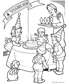 children celebrating their birthday with cake and candles on the table coloring pages for kids to color