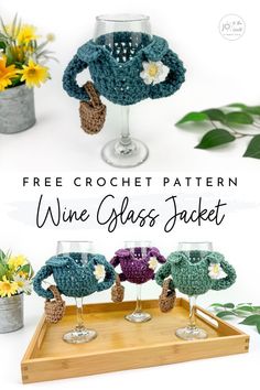 crocheted wine glass holder with three glasses in it and the words free crochet pattern