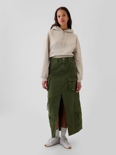 Cargo Maxi Skirt | Gap Cargo Skirt Outfit, High Top Adidas, Night Skirt, Style Inspiration Winter, Cargo Skirt, Denim Coat Jacket, Swimwear Cover Ups, Green Skirt, Tie Shoes