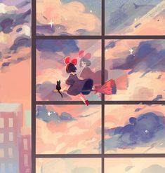 a girl is flying through the air with a cat in her lap and looking out an open window