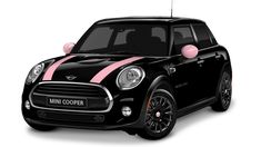 a black mini cooper with pink stripes on the front and side hood, parked next to a white background