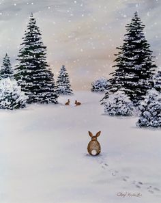 a painting of a rabbit in the snow with trees and snow flakes on it