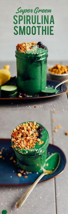 two green smoothies with blueberries and granola in them on plates next to bananas