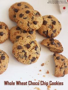 chocolate chip cookies on a white plate with the words whole wheat choco chip cookies