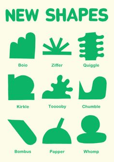 a poster with different shapes and words in green on a white background that says new shapes