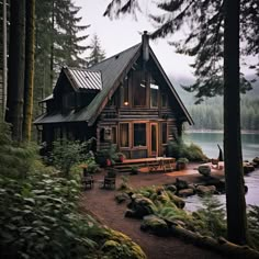 a log cabin sits on the shore of a lake surrounded by trees and bushes, with benches around it