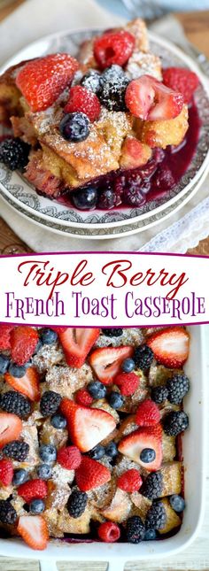 two plates filled with french toast casserole covered in berries