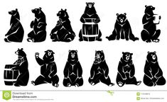 black and white silhouettes of bears with different poses stock photo - image 349874