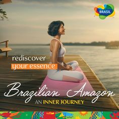 a woman sitting on top of a pink yoga mat in front of the ocean with text reading rediscover your presence