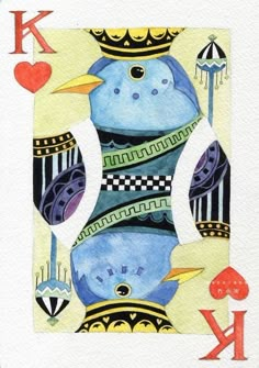 a playing card with a blue bird on it's face and two hearts in the background