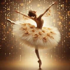 a ballerina in a white tutu with gold flowers on her body and arms