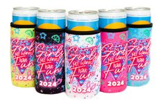 four cans of pink, blue, and yellow energy drink