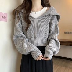 YesStyle rewards code: OLIVIASOJO | afilliate code, links | Cropped Sailor-Collar Loose Knit Sweater Grunge Chic, Goth Outfit, Loose Knit Sweater, Pullover Outfit, Dress Sweater, Loose Knit Sweaters, Sailor Collar, Loose Knit, Winter Mode