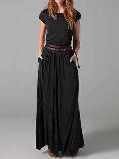 Women Elegant Solid Color Crew Neck Maxi Dress Solid With Pockets Long Skirt Dresses Short Sleeve Dresses Short Sleeve, Maxi Dress With Pockets, Formal Occasion Dress, Quoi Porter, Color Crew, Maxi Dress Pattern, Summer Elegant, Crewneck Dress, Comfortable Room