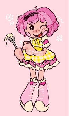 a drawing of a girl with pink hair holding a spoon in her hand and smiling at the camera