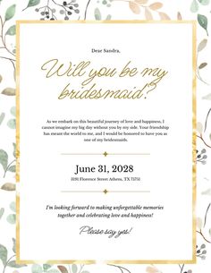 a white and gold wedding card with the words will you be my bridesmaid?