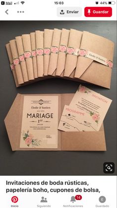 the wedding stationery is laid out on top of each other, with matching envelopes