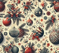 an old fashioned christmas pattern with ornaments and decorations on white fabric, as well as snowflakes