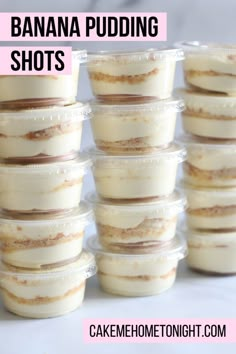 banana pudding shots in plastic containers with text overlay