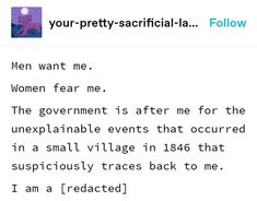 a text message that reads,'your pretty - sacrifia la follow men want me women fear me the government is after me for the unexplanable events that occurred in a small village