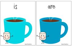 two coffee mugs with water pouring out of them and the words is are in front of