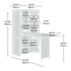 the measurements for an oven with its door open and shelves on each side, including two drawers