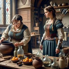 two women in medieval dress preparing food on an old fashioned table with jars and oranges