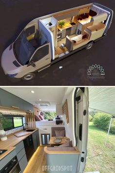 the interior and exterior of an rv that has been converted into a living area with a kitchen