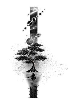 an artistic black and white drawing of a tree with planets in the sky above it