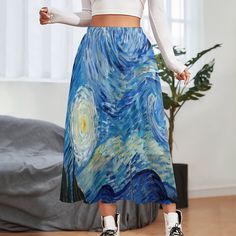 Van Gogh Oil Painting Skirt Womens Starry Night Modern Long Skirts Graphic High Waist Street Wear Painting Skirt, Long Skirts, A Line Skirt, Big Size, Van Gogh, Long Skirt, A Line Skirts, Starry Night, A Line