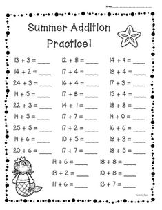 the summer addition practice sheet for students to practice subtraction and subtraction