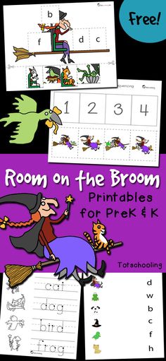 room on the broom printables for prek 4 - 6 with pictures and text