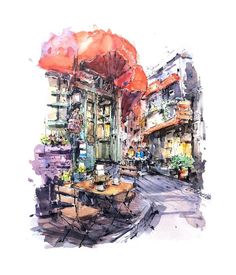 a watercolor painting of an outdoor cafe