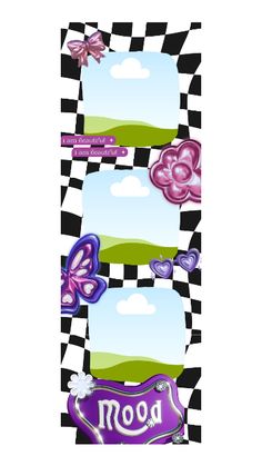 an image of a checkered background with flowers and butterflies on the side, as well as