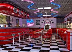 the interior of a diner with checkered flooring and neon lights on the ceiling