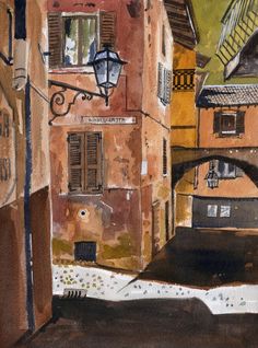 a painting of an alleyway with buildings and a bridge