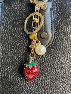 Strawberry Keychain purse charm with gold colored ring to clip on your car keys/home keys/handbags Purse Keychain Diy, Car Keys Keychain Ideas Aesthetic, Cute Keyrings, Keychain Inspo Aesthetic, Cute Diy Keychains, Cute Keychain Aesthetic, Car Keys Keychain Ideas, Etsy Keychain, Bag Accessories Keychain