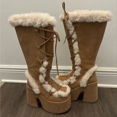 Brand New Without Box Shoe References, Brown Platform Boots, Thrift Ideas, Y2k Boots, Demonia Boots, Camel Boots, Boots Fur, Demonia Shoes, Hype Shoes