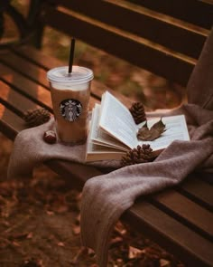 a cup of coffee and an open book sitting on a bench next to some pine cones