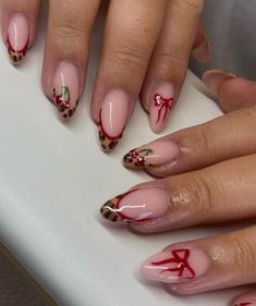 Red French Nails With Design, Cheata Nails Red, Red Leapord Nails, Nails Red Tips French, Red And Cheetah Print Nails, Red Kiss Nails, Paris Nails Aesthetic, Red Nails With Leopard Print, Leopard Print And Red Nails