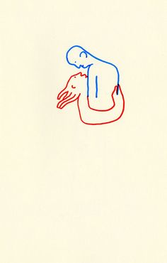 a red and blue drawing of a person hugging