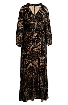 Burnout velvet composition creates swirling, abstract patterns on a long-sleeve maxi dress that's sure to delight. Hidden back-zip closure Surplice V-neck Long sleeves with elastic cuffs Side-seam pockets Removable tie belt Partially lined 80% rayon, 20% nylon Hand wash, dry flat Imported Burnout Velvet Dress, Velvet Maxi Dress, Long Sleeve Maxi, Maxi Dress Green, Dress Silhouette, Pink Maxi Dress, Floral Maxi, Maxi Wrap Dress, V Neck Dress