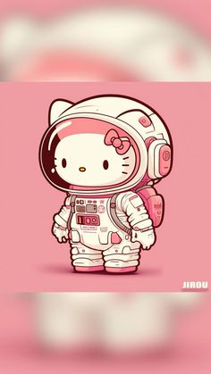 hello kitty in an astronaut's suit on a pink background with the words hello kitty written