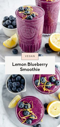 lemon blueberry smoothie in two glasses on a plate